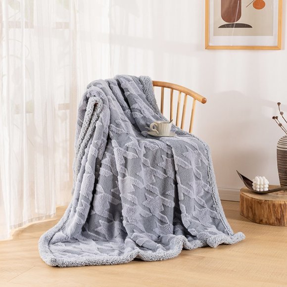 Fluffy Jacquard Sherpa Throw BlanketGrey